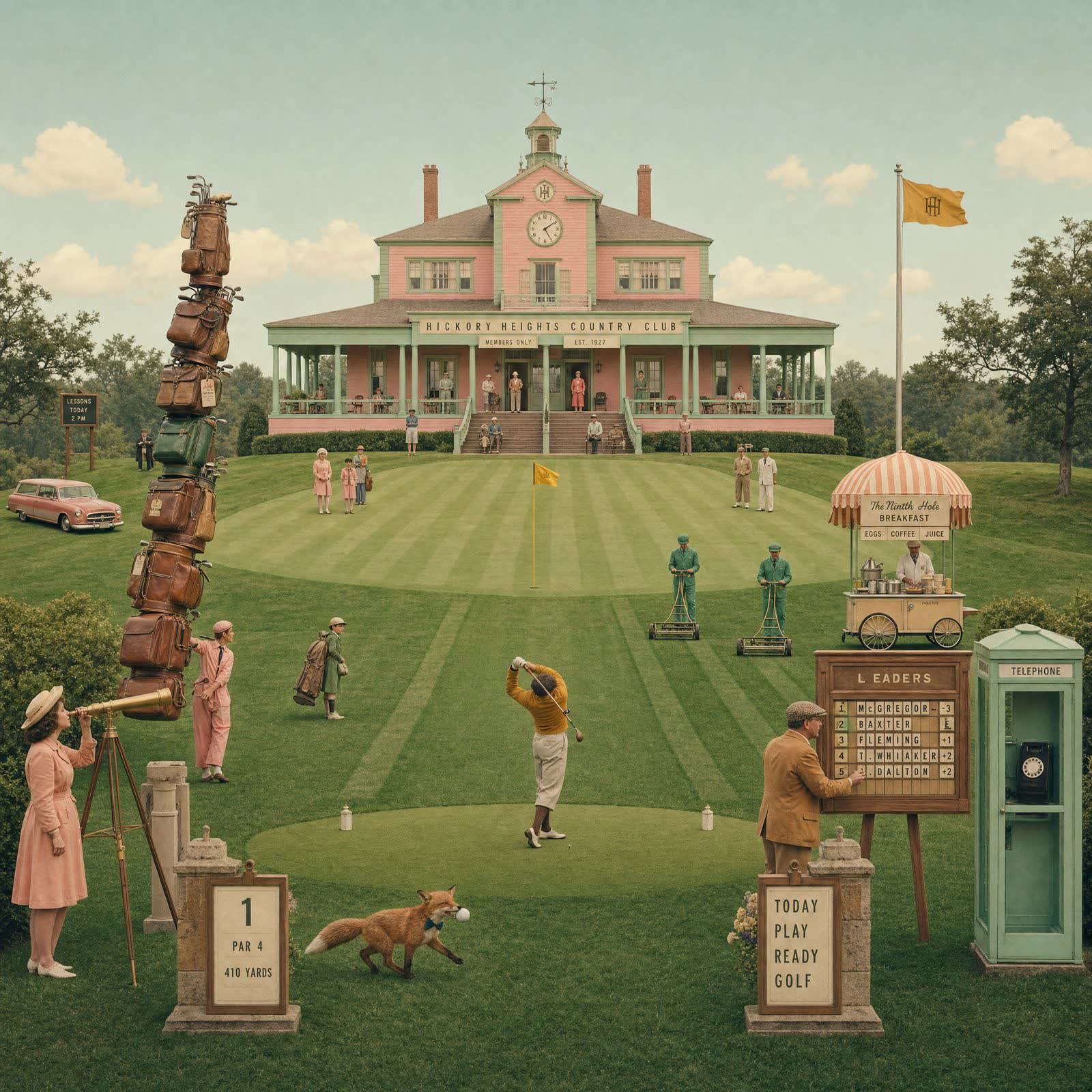 A storybook golf course tableau: the pink-and-mint Hickory Heights clubhouse on a hill, a caddie under a towering stack of golf bags, a golfer mid-swing, twin groundskeepers mowing in parallel, a striped breakfast cart, a leaderboard, a fox running off with a ball, a pink station wagon, a woman with a telescope, and a mint telephone booth.